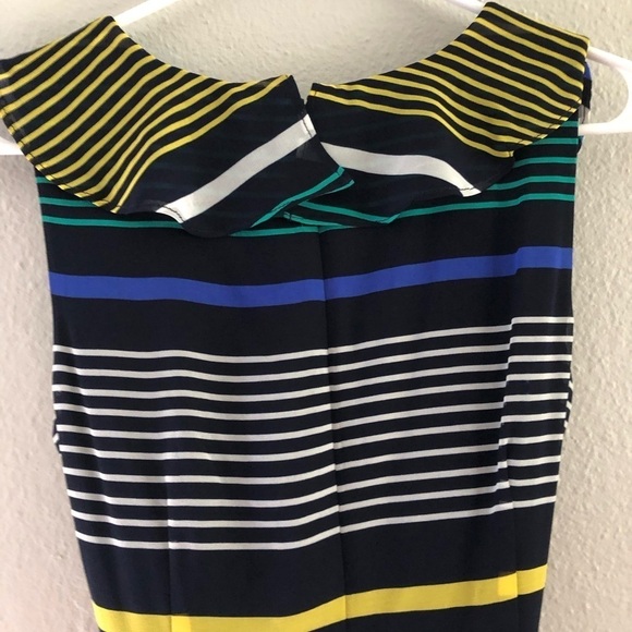 DKNY Womens Navy Ruffled Zippered Belted Lined Striped Sleeveless Surplice Dress - Picture 9 of 11